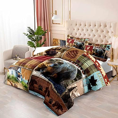 LUVIVIHOME 3PCS Rustic Cabin Comforter Set Full Size, Bear Bedding Sets, Elk Deer Forest Woodland Animals Wildlife Hunting Country Farmhouse Red Buffalo Plaid Lodge Patchwork Quilt, 2 Pillow Shams