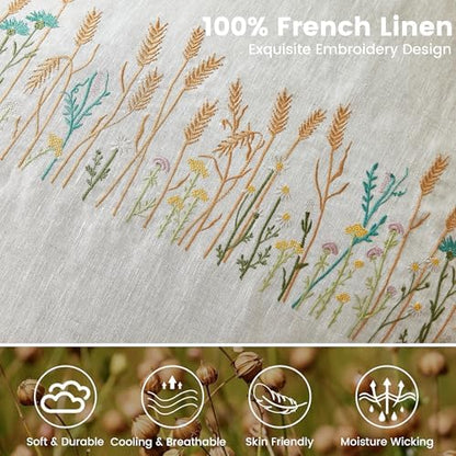 Simple&Opulence 100% Linen Euro Shams 26'' x 26'' Pack of 2, Embroidery Wheat Design Natural Flax Farmhouse Decorative Square Throw Pillow Covers for Bed Couch Sofa - Linen