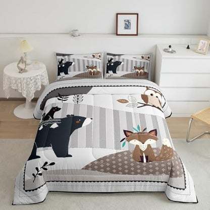 Cartoon Animal Bedding Comforters King Size,Cute Bear Owl Fox and Plant Comforter Set for Children Xmas Gift,Exotic Indian Style Quilt Set Bedroom Decor, 2 Pillowcases