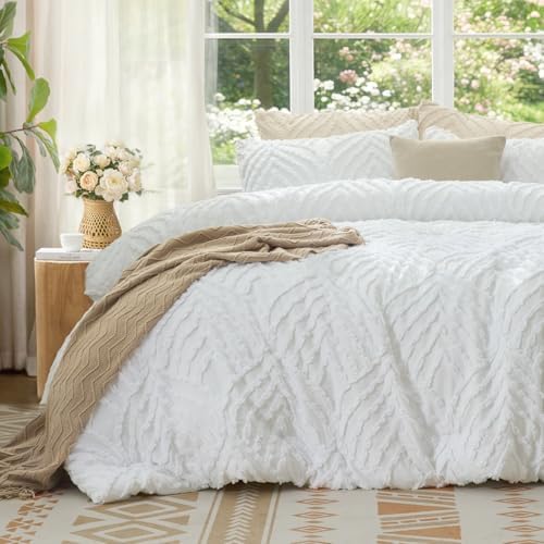 BEDELITE Boho Comforter Set King - Tufted Boho Bedding Set, Bright White