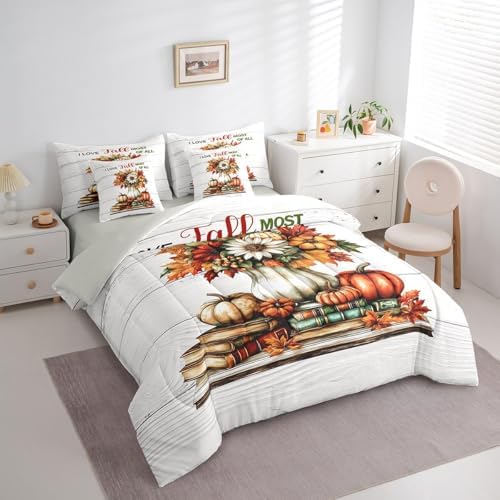 Erosebridal Rustic Farmhouse Bed in A Bag with Sheets for Kids Boys Girls Adults Fall Harvest Pumpkin Print Bedding Set Maple Leaf Book Print Queen Comforter Set 7 Piece Autumn Retro Bed Set