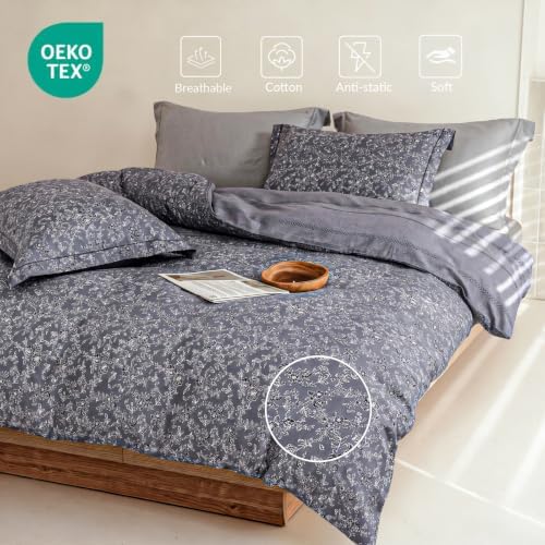 Queen Comforter Set 3 Pieces, 100% Cotton Botanical Charcoal Floral Bedding Set for All‑Season, Soft Hypoallergenic Comforter with 2 Pillow Shams