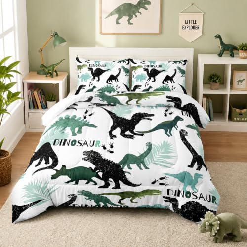AILONEN Dinosaur Twin Kids Bedding Set,Black and Green Dinosaur Comforter Set All Season,Tropic Leaves and Roaring Dinosaur Silhouette Printed Soft Comforter with 2 Pillowcases for Boys
