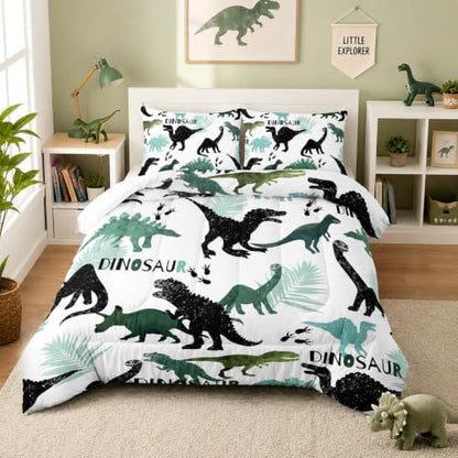 AILONEN Dinosaur Twin Kids Bedding Set,Black and Green Dinosaur Comforter Set All Season,Tropic Leaves and Roaring Dinosaur Silhouette Printed Soft Comforter with 2 Pillowcases for Boys