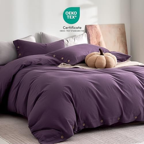 JELLYMONI 100% Washed Cotton Iris Purple Duvet Cover King, Linen-Like