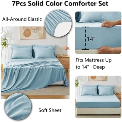 CozyLux Oversized King Comforter Set Light Blue, 7 Pieces 120"x98" Bed in a Bag Comforter Set with Sheets, All Season Soft Bedding Sets with Down Alternative Comforter, Sheets, Pillowcases & Shams