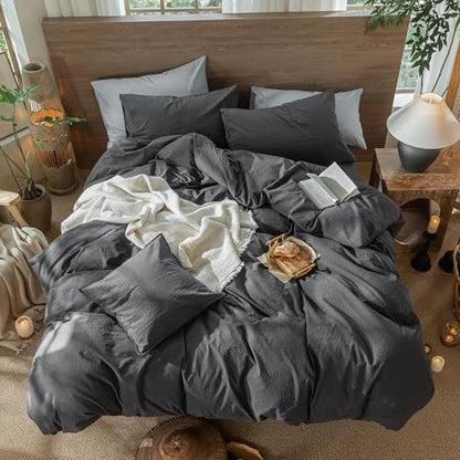 MooMee Wavy Striped Duvet Cover Set 100% Washed Cotton Linen Like Textured Breathable Durable Soft Comfy (Charocal Grey, Super King 108"x98")
