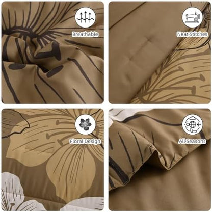 Luxudecor Brown Comforter Set Queen, 7 Pieces Floral Bed in a Bag