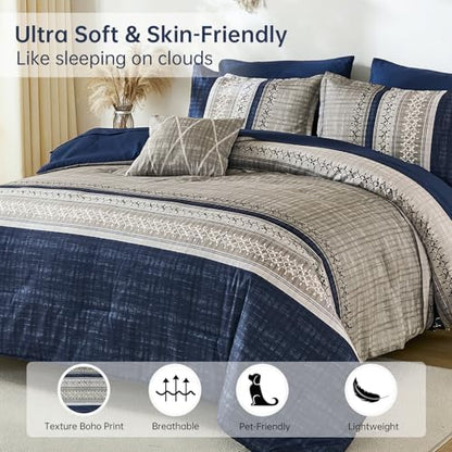 Dintszyayue Blue Queen Comforter Size Set, 8 Pieces Boho Grey Striped Texture Bed in a Bag Sets, Lightweight Soft Bohemian Comforter and Sheet Set, All Season Microfiber Bedding Sets for Men Women