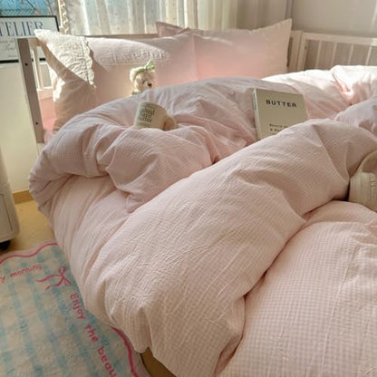 LifeTB Pink Gingham Comforter Set Full Size Soft Fluffy Romantic Lace Bedding Set Cottagecore Cute Plaid Checkered Comforter Set 3 Pieces Pink Grid Farmhouse Bedding Comforter with 2 Pillowcases