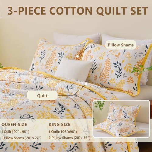 Queen Size Quilt Set - Cotton Floral Quilts Queen, Yellow, 90x98
