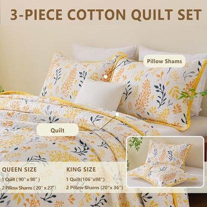 Queen Size Quilt Set - Cotton Floral Quilts Queen, Yellow, 90x98
