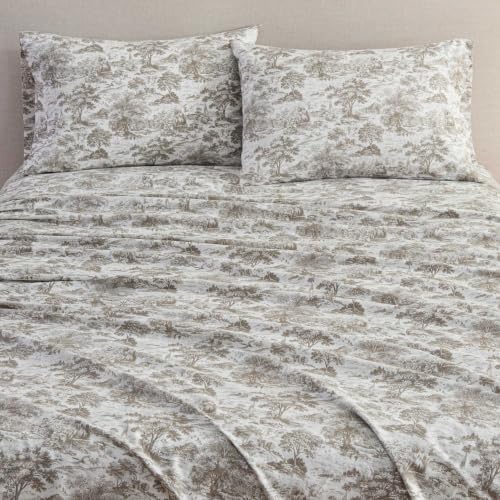 Martha Stewart - King Sheet Set with Fitted Sheet & Pillowcases, Cotton Percale Bedding with a Smooth Feel, Deep Pocket, Amelie Toile Brown