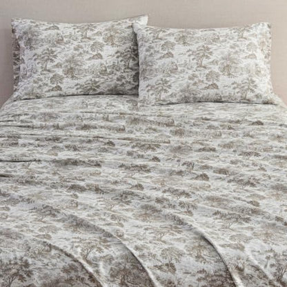 Martha Stewart - Twin Sheet Set with Fitted Sheet & Pillowcase, Cotton Percale Bedding with a Smooth Feel, Deep Pocket, Amelie Toile Brown