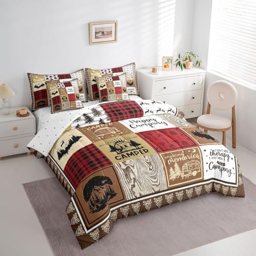 Erosebridal 7 Piece Happy Camping Comforter Set King for Kids Adults,Rv Camper Bedding Set for Travel Trailers Accessories,Rustic Cabin Bed Set with Sheets,Buffalo Plaid Patchwork Bed in a Bag