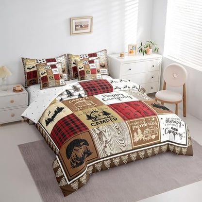 Erosebridal 7 Piece Happy Camping Comforter Set King for Kids Adults,Rv Camper Bedding Set for Travel Trailers Accessories,Rustic Cabin Bed Set with Sheets,Buffalo Plaid Patchwork Bed in a Bag
