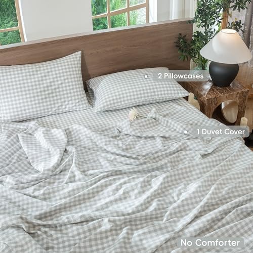 MooMee Gingham Duvet Cover Set 100% Washed Cotton Linen Like