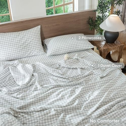 MooMee Gingham Duvet Cover Set 100% Washed Cotton Linen Like