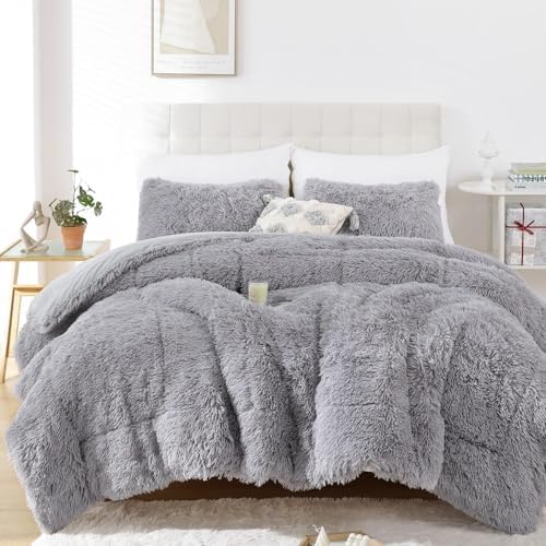 Smoofy Fluffy Full Size Comforter Set, Grey Faux Fur Comforter Set 3 Pieces