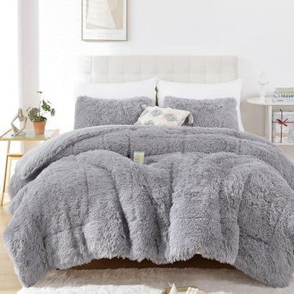 Smoofy Fluffy Full Size Comforter Set, Grey Faux Fur Comforter Set 3 Pieces