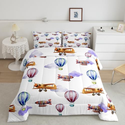 Erosebridal Queen Size Airplane Bedding Set for Boys Girls,Vintage Hot Air Balloon Comforter Set Air Plane Decor for Kids Bedroom,Airship Aircraft Comforter Set Aviation Themed Quilt Bed Set 3Pcs
