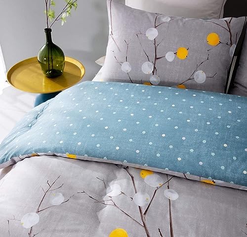 SLEEPBELLA Comforter Twin Size, 600 Thread Count Cotton Grey Branch with Yellow Turquoise Polka Dot Pattern Green Reversible Comforter Set,Down Alternative Bedding Set 2Pcs (Twin, Grey Branch)
