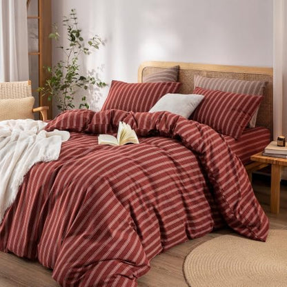 BESTOUCH Striped Cotton Duvet Cover Set Linen Feel Twin