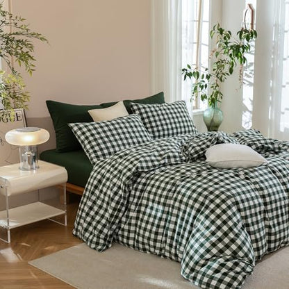 JIYUAN Queen Washed Cotton Duvet Cover Set, 3-Piece, Large Gingham