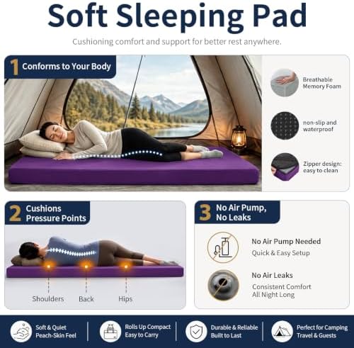 CYMULA Memory Foam Camping Mattress Pad,Sleeping Pad for Camping,Non-Slip Bottom Floor Car Mattress Bed with Retaining Portable Roll up Mattress Pad Mat for Travel Truck Guest Bed Tent