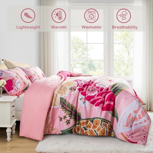 Tyrot Pink Boho Floral King Comforter Set - 3 Piece Coquette Cute Botanical Bedding Comforter Sets for Women Girls, Soft Lightweight Mid Century Bed Set, (1 Reversible Comforter and 2 Pillow Shams