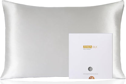 ZIMASILK 100% Pure Mulberry Silk Pillowcase for Hair and Skin Health,Soft and Smooth,Both Sides Premium Grade 6A Silk,600 Thread Count,with Hidden Zipper,1pc(Standard 20''x26'',Light Grey)