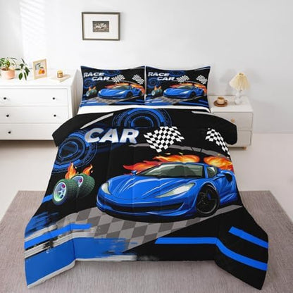 Feelyou Kids Blue Race car Comforter Set Toddler Speed Sports Car Bedding Set Boys Girls Automobile Racing Car Quilt Set Extreme Sports Theme Bed Set