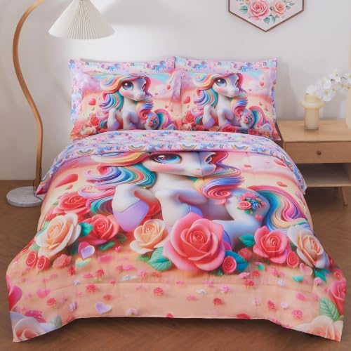 Viviland Kids Bedding Set Full Size Comforter Sets, Bed in Flower Unicorn Cover Set for Children
