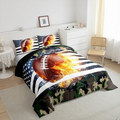 Camouflage Comforter Set for Boys, American Football Quilted Duvet King Size, Sports Games Bedding Set for Kids Teens Adult Bedroom, USA Federations Stars Down Comforter 3 Piece with 2 Pillow Cases