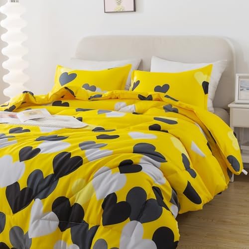 Caressma Farmhouse Yellow Queen Size Comforter Set 3 Pieces Bedding Set with Black Heart All Season Fluffy Soft Lightweight(1 Comforter & 2 Pillowshams)