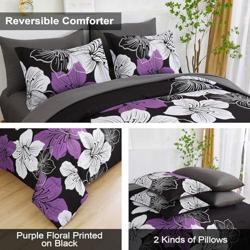 Luxudecor Floral Comforter Set King Size, 7 Pieces Bed in a Bag Purple Floral Comforter and Sheet Set, Soft Microfiber Complete Bedding Sets for All Seasons