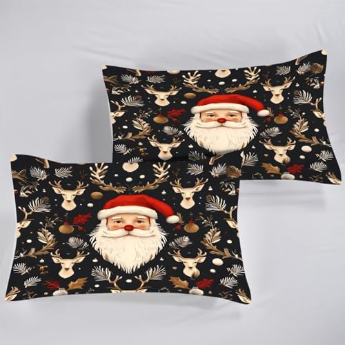 Black Christmas Bedding Set Santa Claus Comforter Full/Queen Size for Kids Girls Women Xmas Reindeer Holiday Bedroom Quilt Bed Sets, 1 Comforter 2 Pillowcases