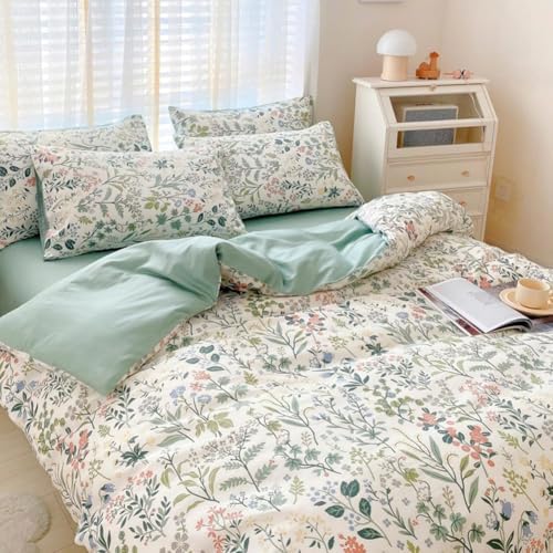 LifeTB Botanical Flower Duvet Cover Twin XL Sage Green Floral Duvet Cover 100% Cotton Wildflower Plants Pattern Floral Comforter Cover with 2 Pillowcases Girl Teen Vintage Floral Bedding Set Twin XL