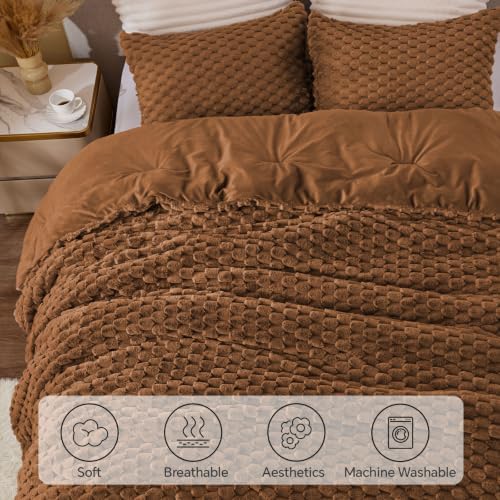 BEDELITE Fluffy Queen Comforter Set, Terracotta Fleece Bed Set 3 Pieces