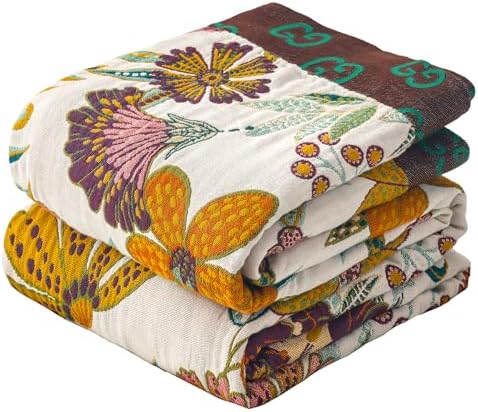 VANJOROY Queen Boho Throw Blanket for Bed, 100% Cotton Muslin Soft Throw-Floral Farmhouse Rustic Decor Blanket for Couch Sofa Quilt and Gift, 80" x 90"-BeigeWhite