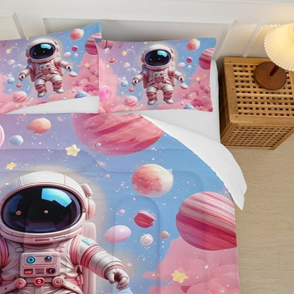 Space Astronaut Comforter Queen Size,Space Astronaut Kids Comforter Set,3Pcs Bedding Set Printed Comforter with 2 Pillowcases,Down Alternative,Soft and Lightweight,for All Seasons