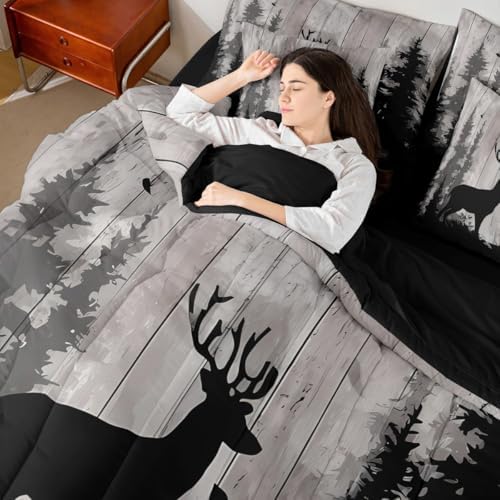Erosebridal Deer Family Bedding Set Queen Retro Wooden Farmhouse Comforter Set 7 Piece Hunting Rustic Animal Bed in A Bag for Kids Adults Western Forest Wildlife Hunting Quilt with Flat Fitted Sheet