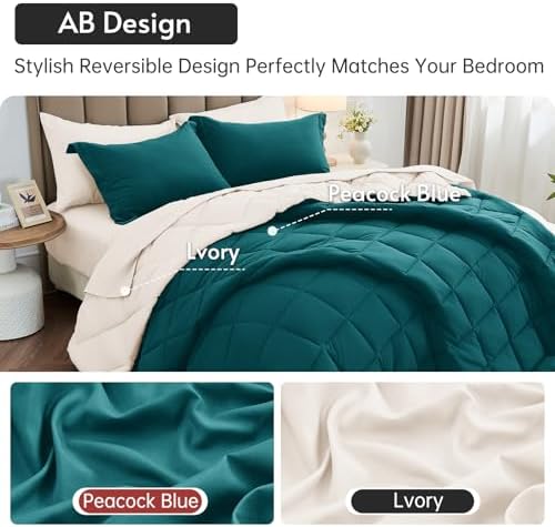 MUXHOMO 7 Pieces Full Comforter Set, Reversible Bed in a Bag Full Size, All Season Bedding Set with Comforter, Flat Sheet, Fitted Sheet, Pillowcases & Shams, Peacock Blue & Ivory