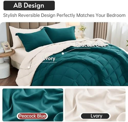 MUXHOMO 7 Pieces California King Comforter Set, Reversible Bed in a Bag Cal King Size, All Season Bedding Set with Comforter, Flat Sheet, Fitted Sheet, Pillowcases & Shams, Peacock Blue & Ivory