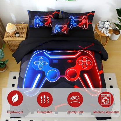 Game Console Boys Queen Comforter Set, 6-Piece Gamer Bed in A Bag, Blue and Red Gaming Bedding Set for Kids, 3D Gamepad Bedroom Decor Teen Boy Comforter Set with Sheets (Blue Red, Queen)