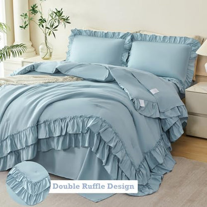 ANGIYUIN Dusty Blue Twin Size Comforter Set 5 Pieces Ruffled Bed in A Bag
