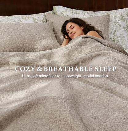 WDCOZY King 100% Cotton Paisley Quilt Bedding Set Beige Comforter