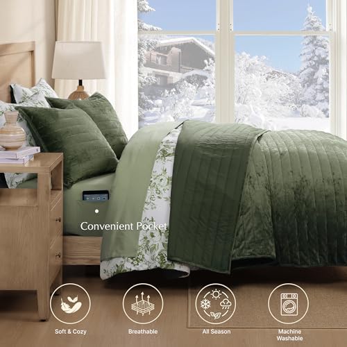 Velvet Quilt Set Queen Size -Bedding Set Green Soft Bedspread with 2 Shams