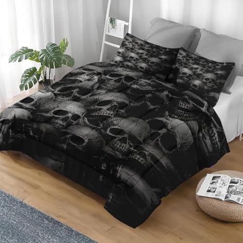 Pamnest Comforter Set Queen Size, Skull Skeleton Soft 3 Pcs Bedding for Kids and Adults, Spooky Horror Gothic Comforter Set with 2 Pillowcases, for Bedroom Bed Decor