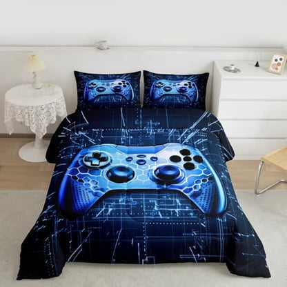 Teens Gamer Comforter Set Queen Size,Gaming Bedding Set for Kids Boys Girls Bedroom Decoration,Honeycomb Gamepad Bed Duvet Insert,Video Game Controller Comforter with 2 Pillowcases,Blue Black